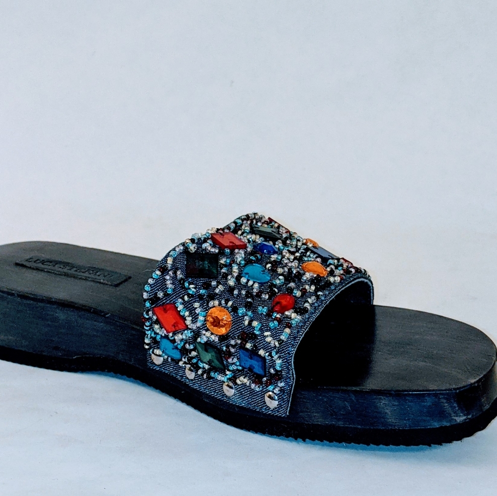 *ANTHROPOLOGIE LUCA STEFANI* 8M Jeweled Denim 1.25" Gray Wedge Heel Mules Slides